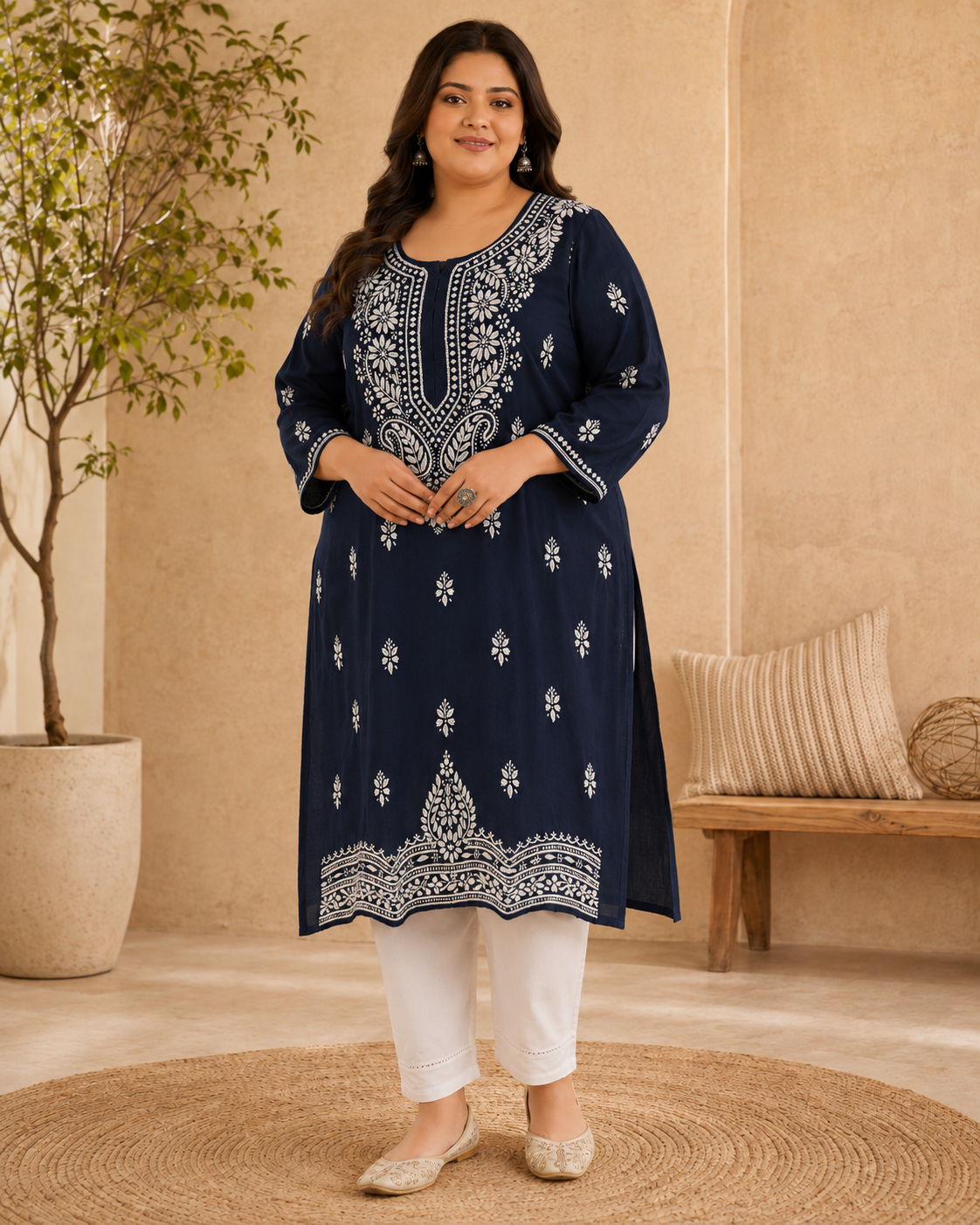 Plus Size Navy Blue Cotton Chikankari Kurti (Size 48-54) | Lucknow Best Chikankari