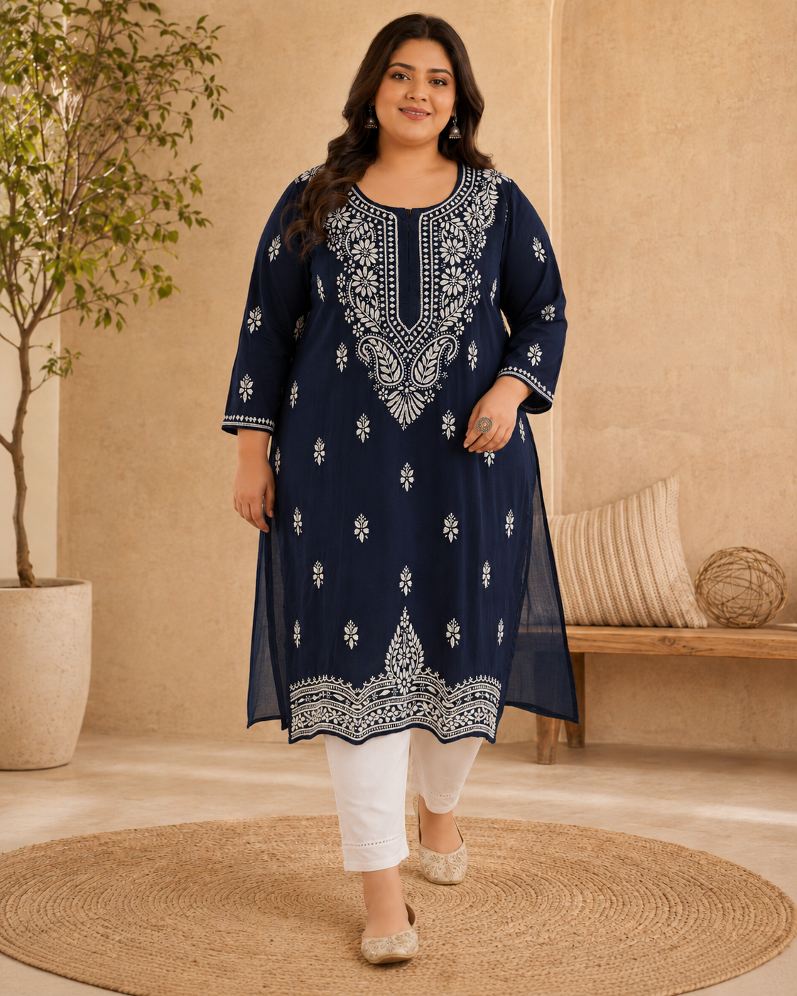 Plus Size Navy Blue Cotton Chikankari Kurti (Size 48-54) | Lucknow Best Chikankari