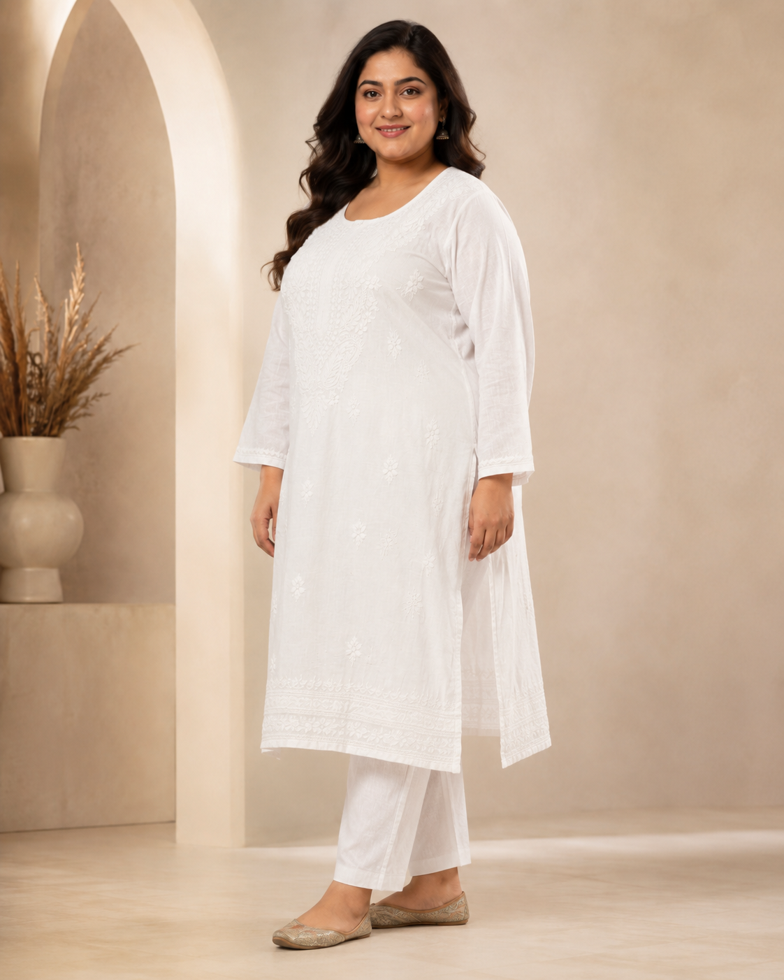 Plus Size Pure White Cotton Chikankari Kurti (Size 48-54)