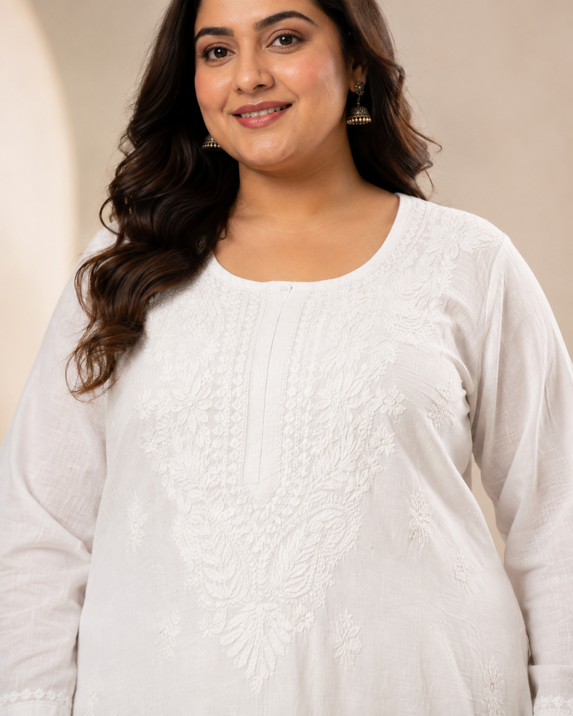 Plus Size Pure White Cotton Chikankari Kurti (Size 48-54)