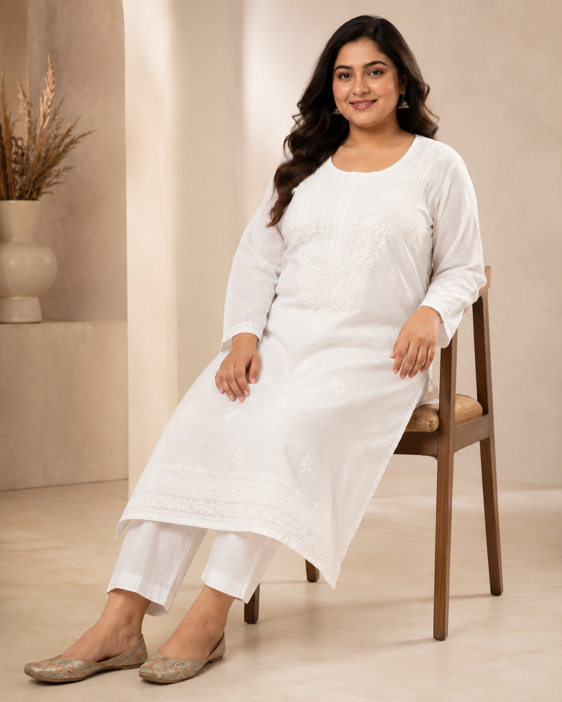Plus Size Pure White Cotton Chikankari Kurti (Size 48-54)