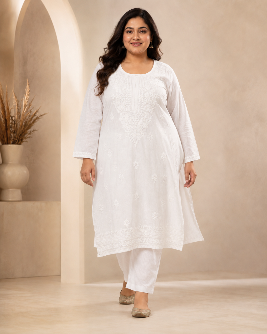 Plus Size Pure White Cotton Chikankari Kurti (Size 48-54)