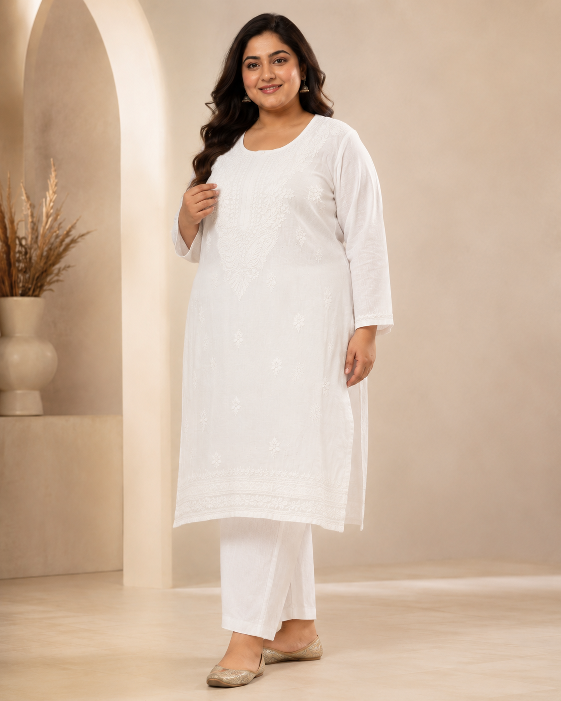 Plus Size Pure White Cotton Chikankari Kurti (Size 48-54)
