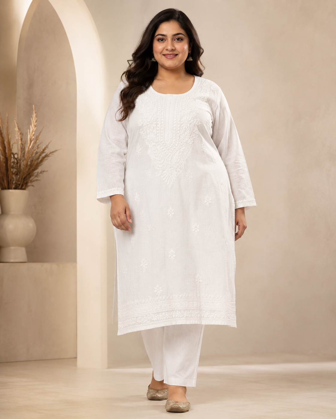 Plus Size Pure White Cotton Chikankari Kurti (Size 48-54)