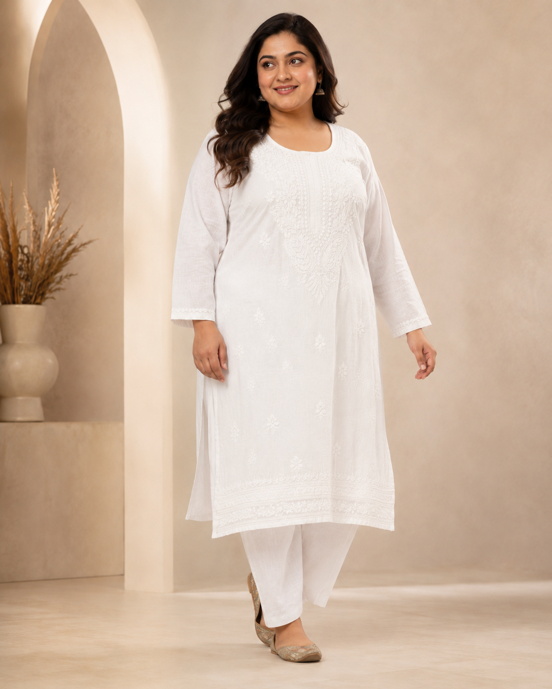 Plus Size Pure White Cotton Chikankari Kurti (Size 48-54)