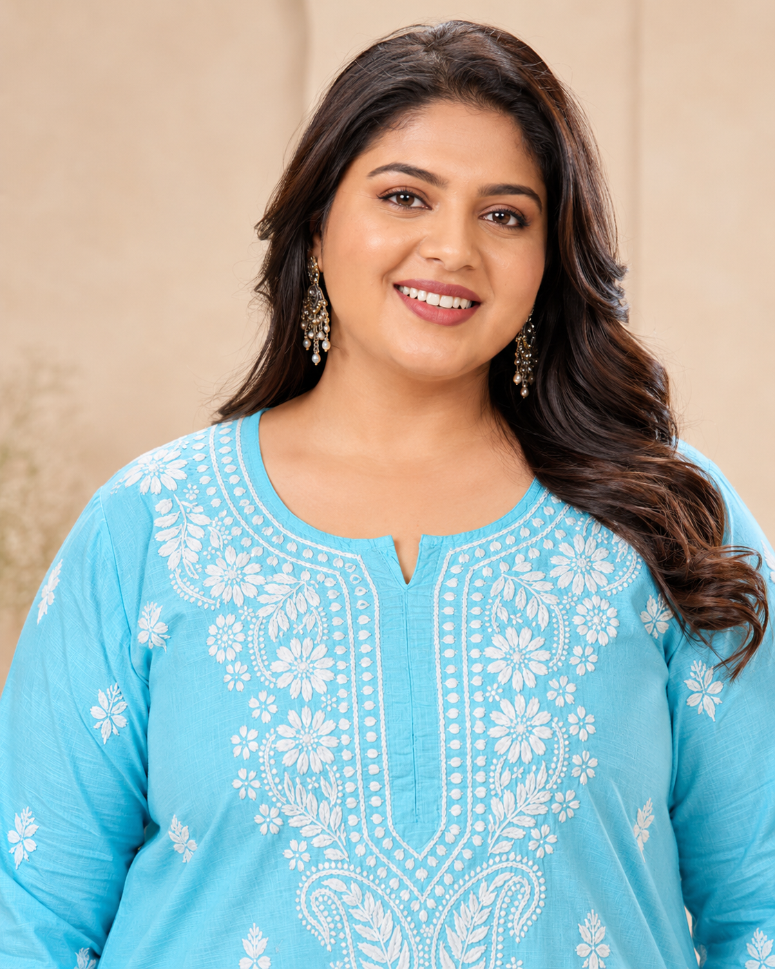 Plus Size Sky Blue Cotton Chikankari Kurti (Size 48-54) | Lucknow Best Chikankari