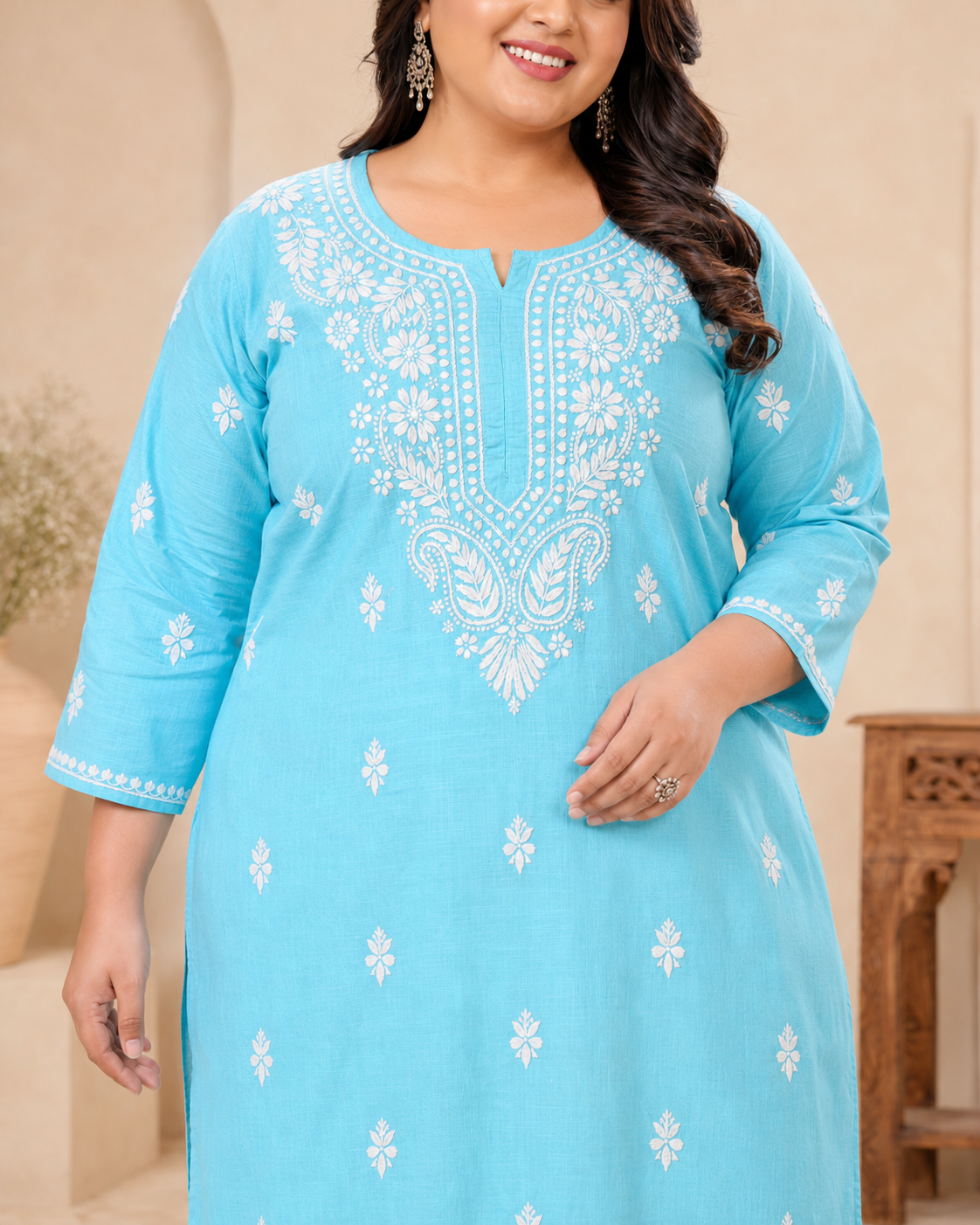 Plus Size Sky Blue Cotton Chikankari Kurti (Size 48-54) | Lucknow Best Chikankari