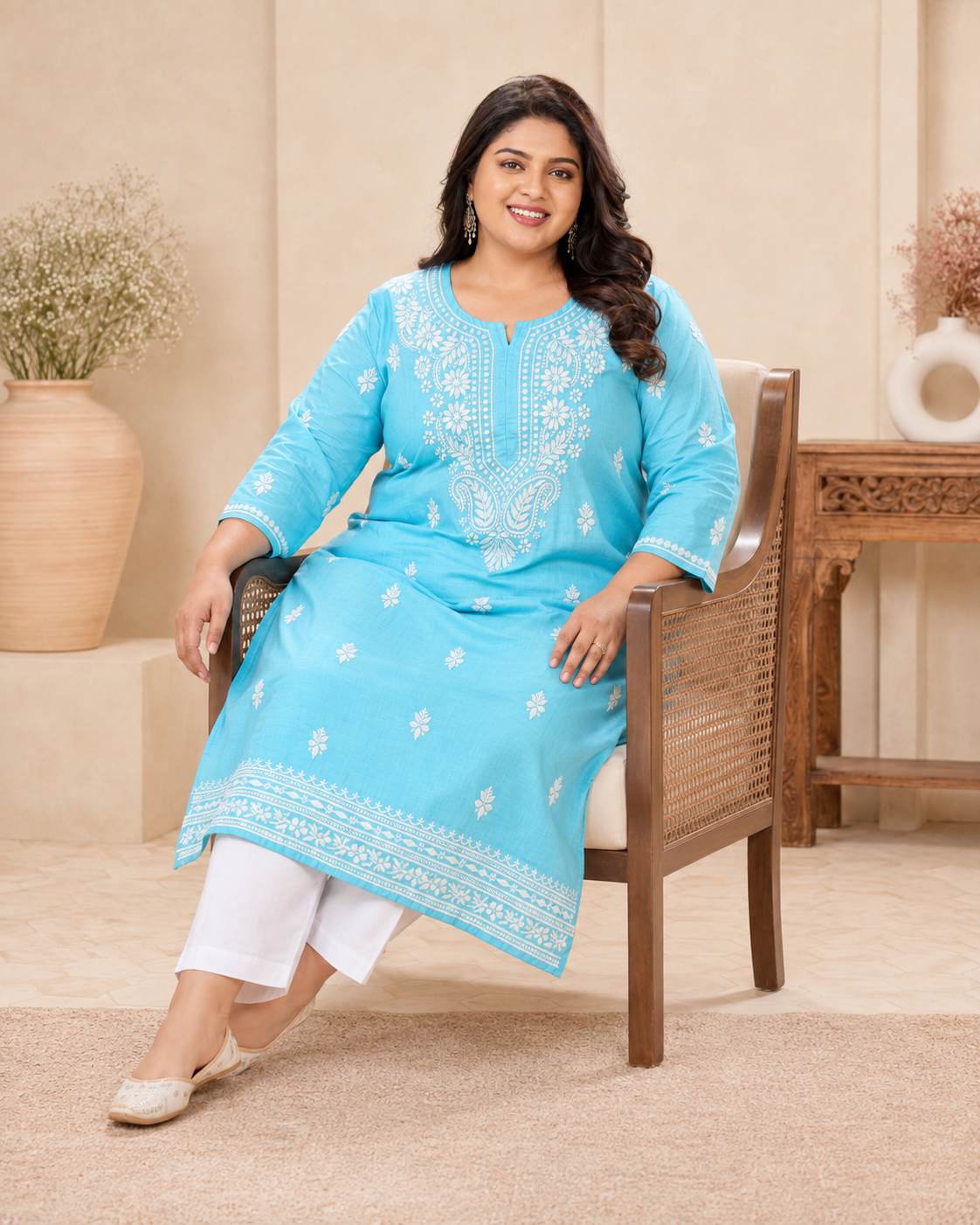 Plus Size Sky Blue Cotton Chikankari Kurti (Size 48-54) | Lucknow Best Chikankari