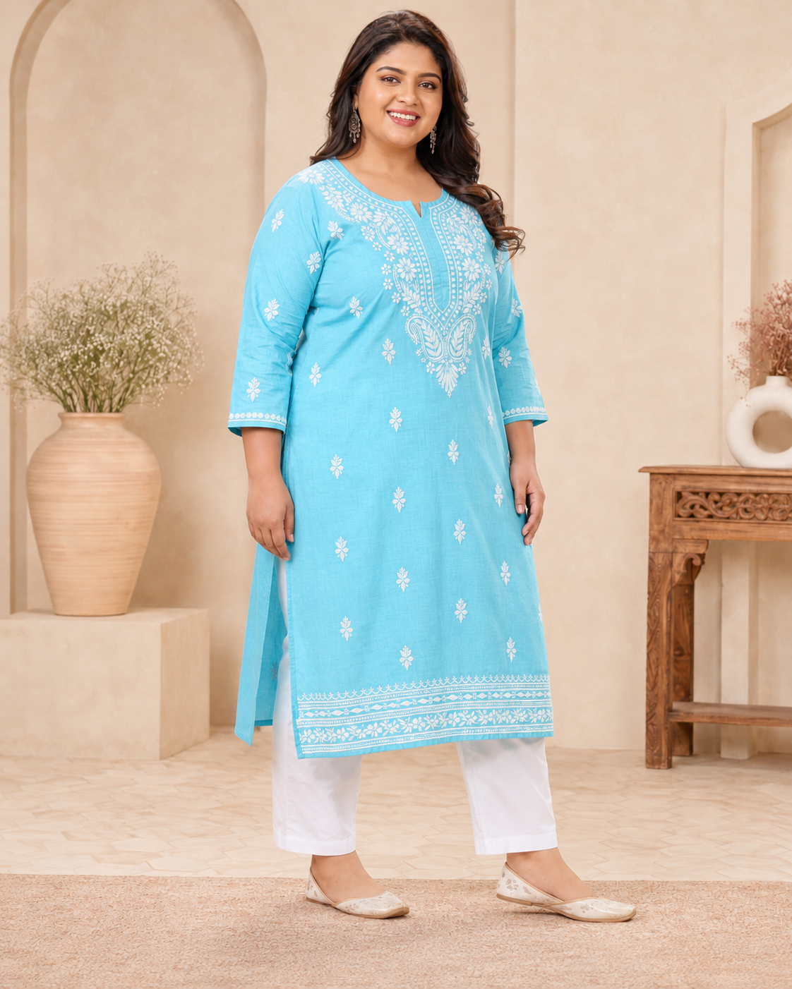 Plus Size Sky Blue Cotton Chikankari Kurti (Size 48-54) | Lucknow Best Chikankari
