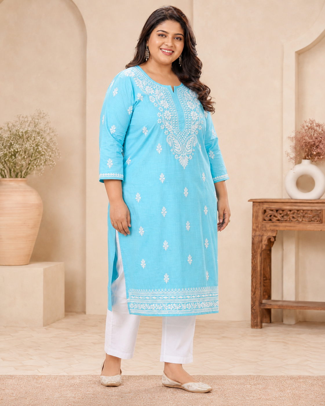 Plus Size Sky Blue Cotton Chikankari Kurti (Size 48-54) | Lucknow Best Chikankari