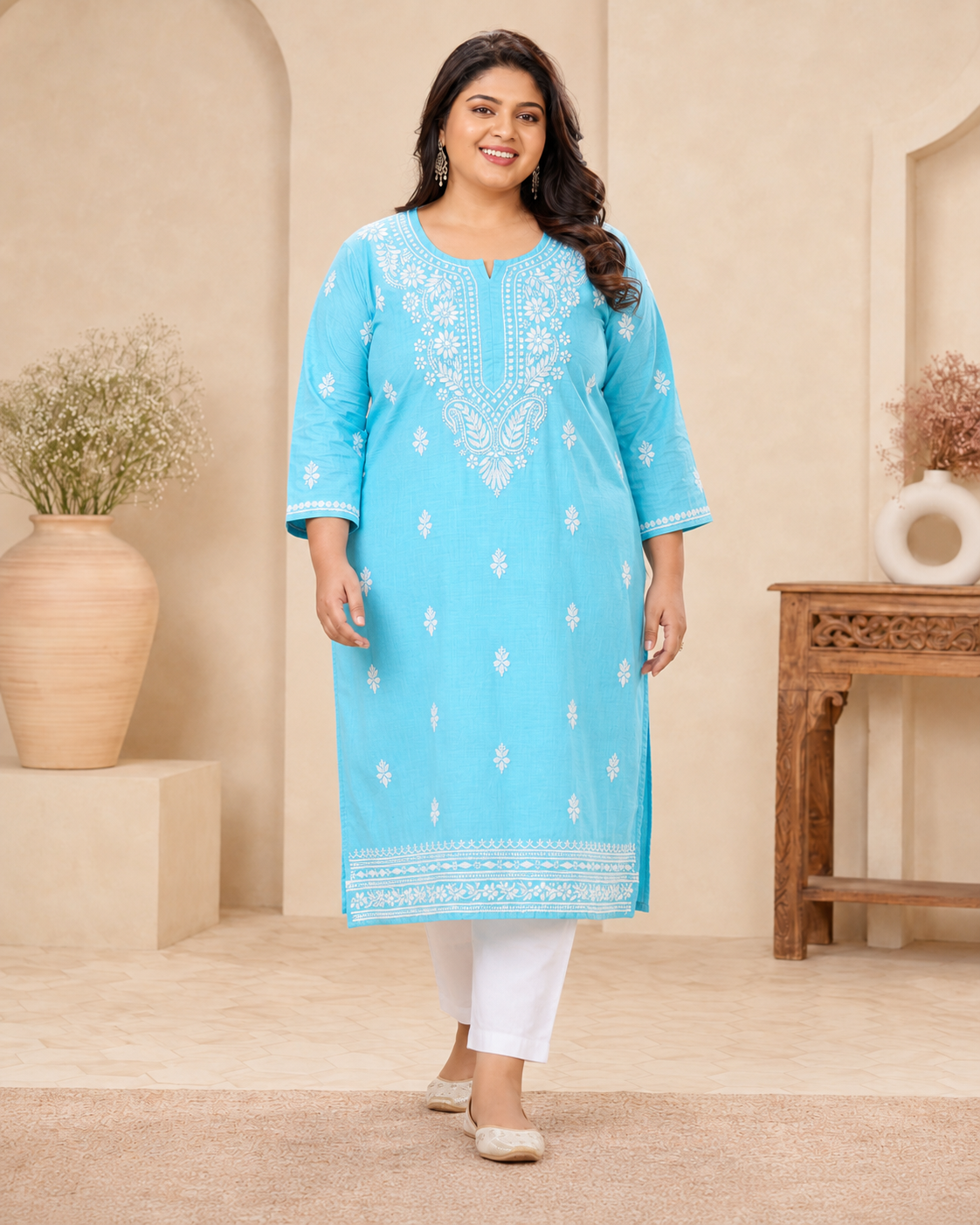 Plus Size Sky Blue Cotton Chikankari Kurti (Size 48-54) | Lucknow Best Chikankari