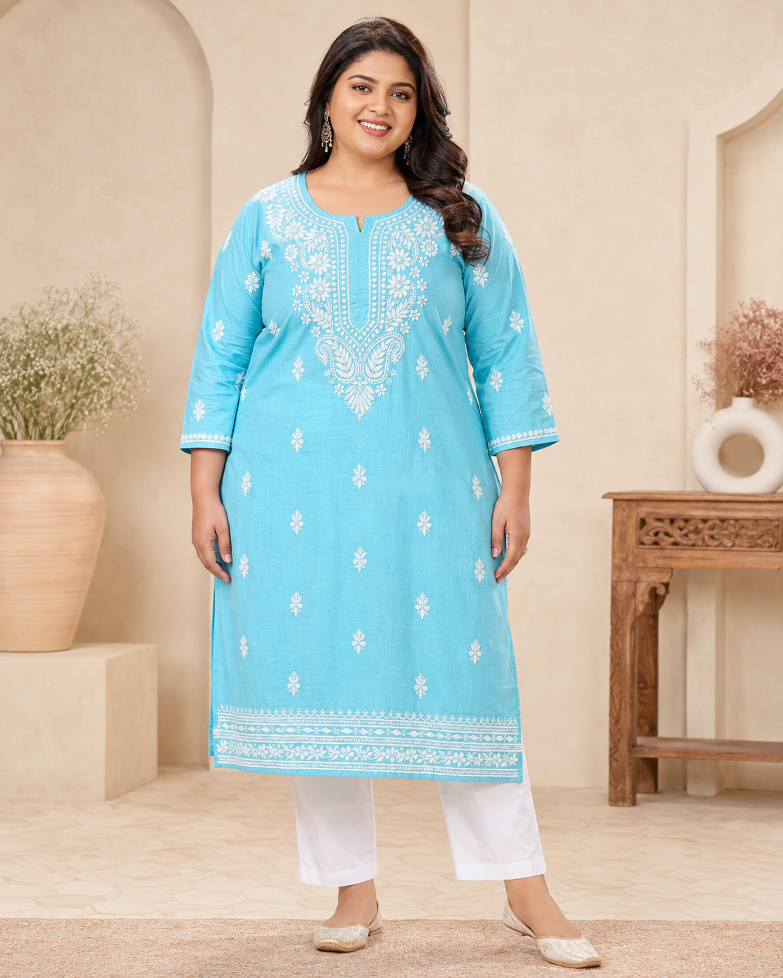 Plus Size Sky Blue Cotton Chikankari Kurti (Size 48-54) | Lucknow Best Chikankari