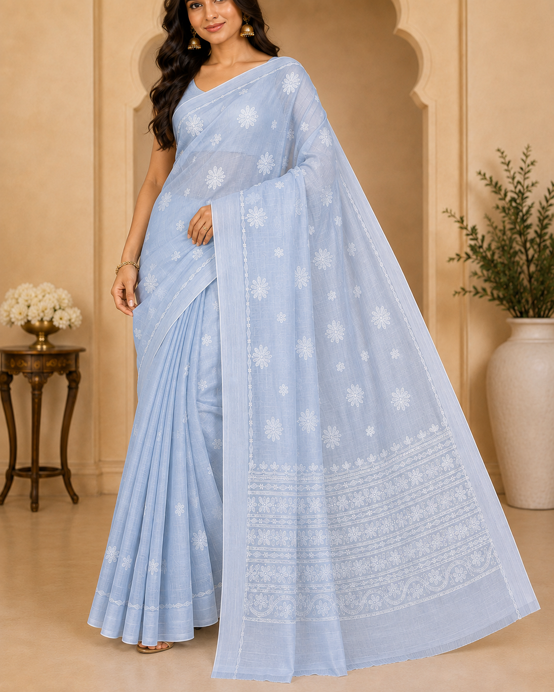 Powder Blue Chanderi Chikankari Saree – Hand Embroidered