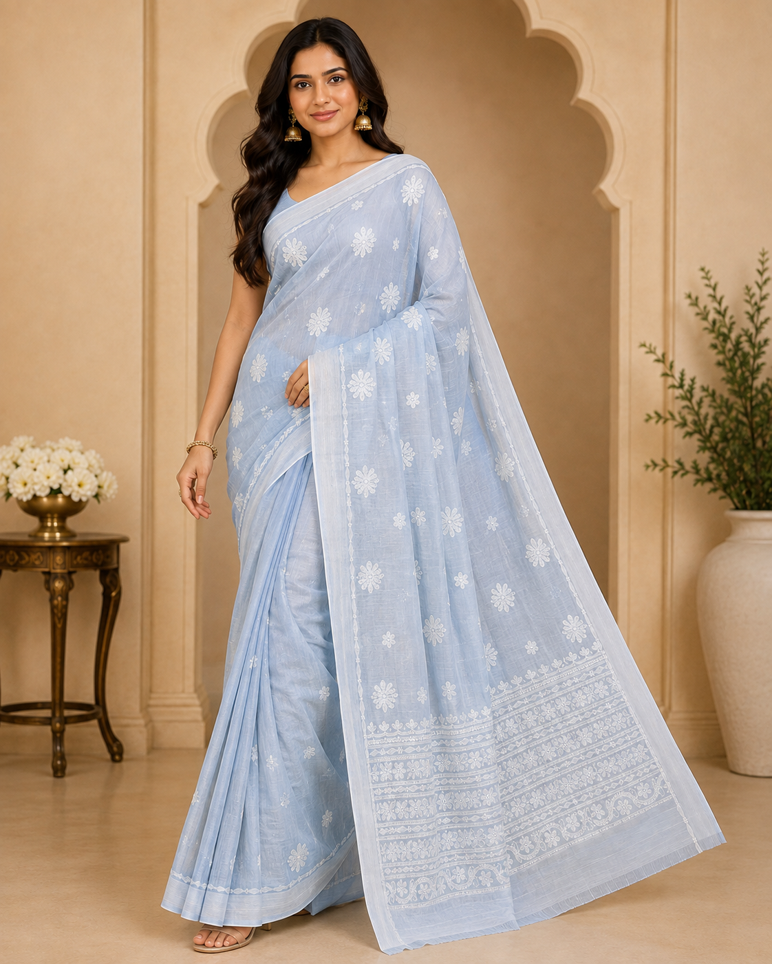Powder Blue Chanderi Chikankari Saree – Hand Embroidered