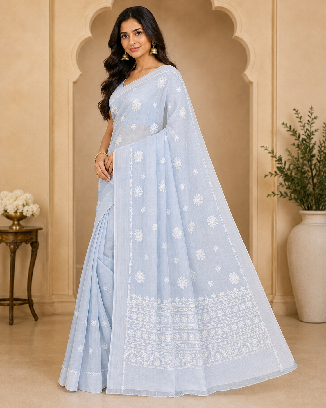 Powder Blue Chanderi Chikankari Saree – Hand Embroidered