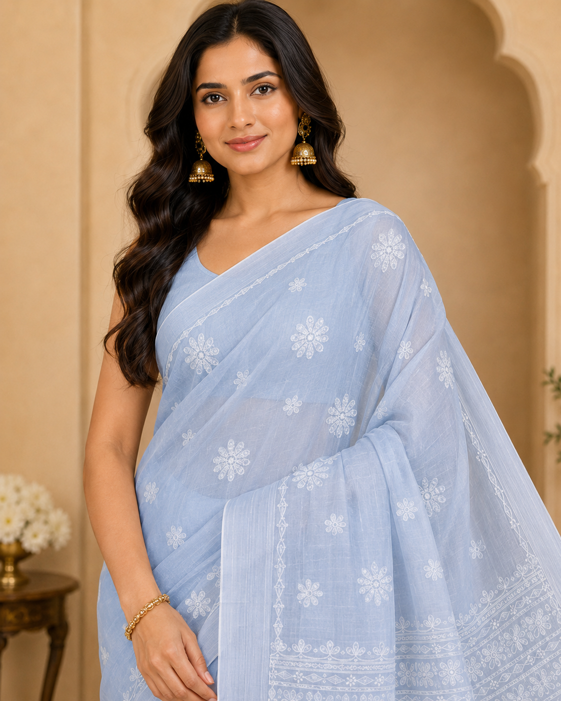 Powder Blue Chanderi Chikankari Saree – Hand Embroidered
