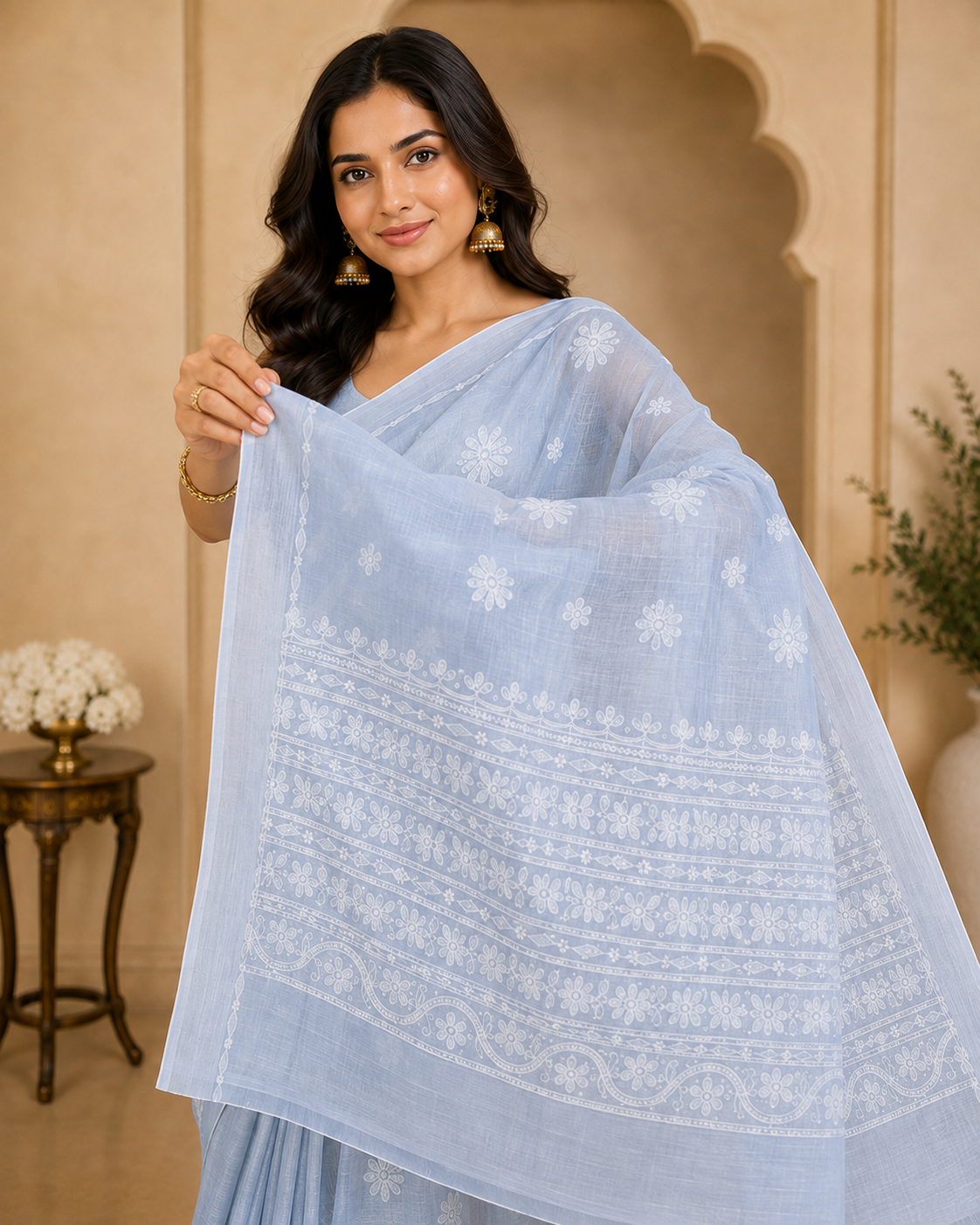 Powder Blue Chanderi Chikankari Saree – Hand Embroidered