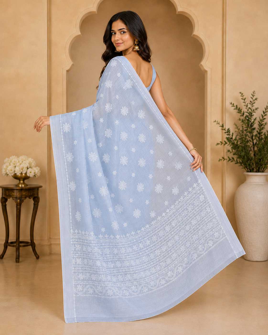 Powder Blue Chanderi Chikankari Saree – Hand Embroidered