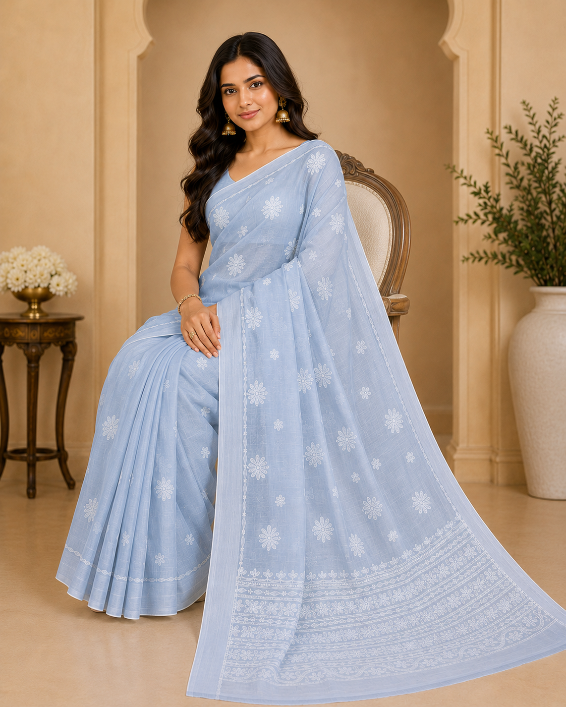 Powder Blue Chanderi Chikankari Saree – Hand Embroidered