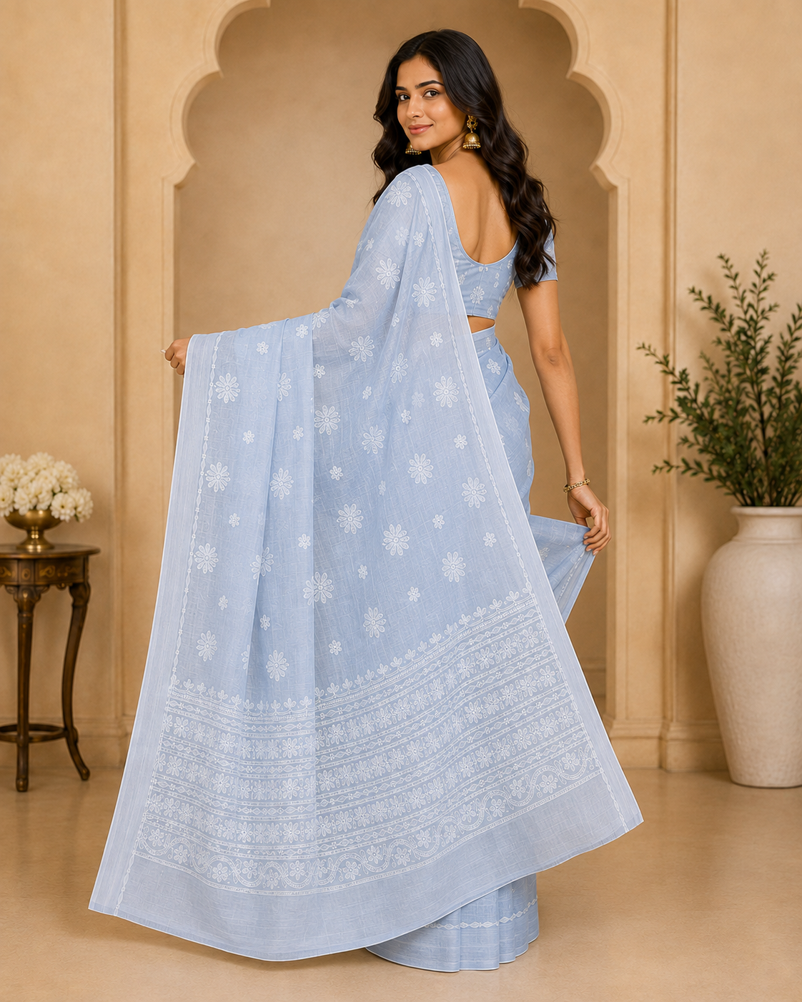 Powder Blue Chanderi Chikankari Saree – Hand Embroidered