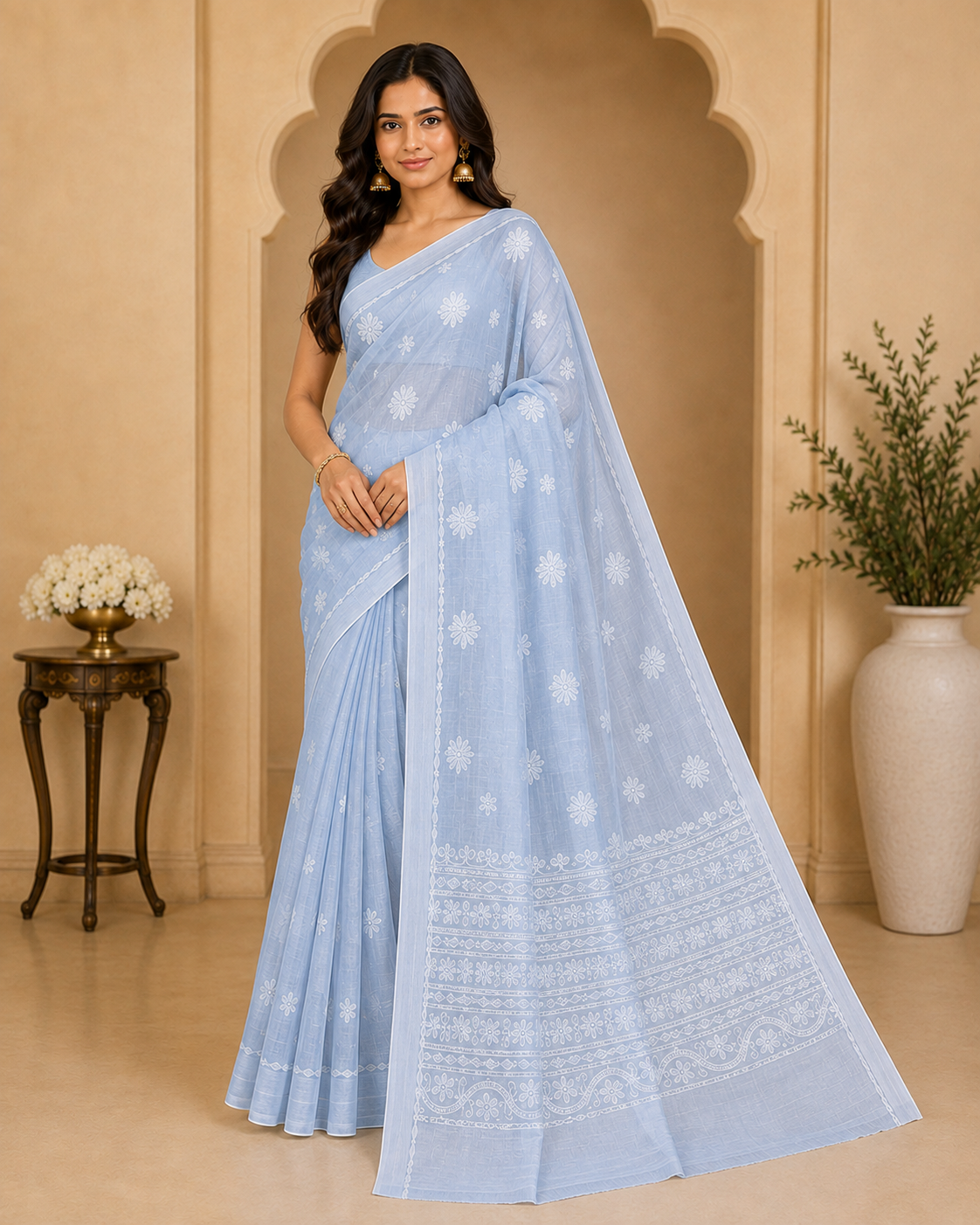 Powder Blue Chanderi Chikankari Saree – Hand Embroidered