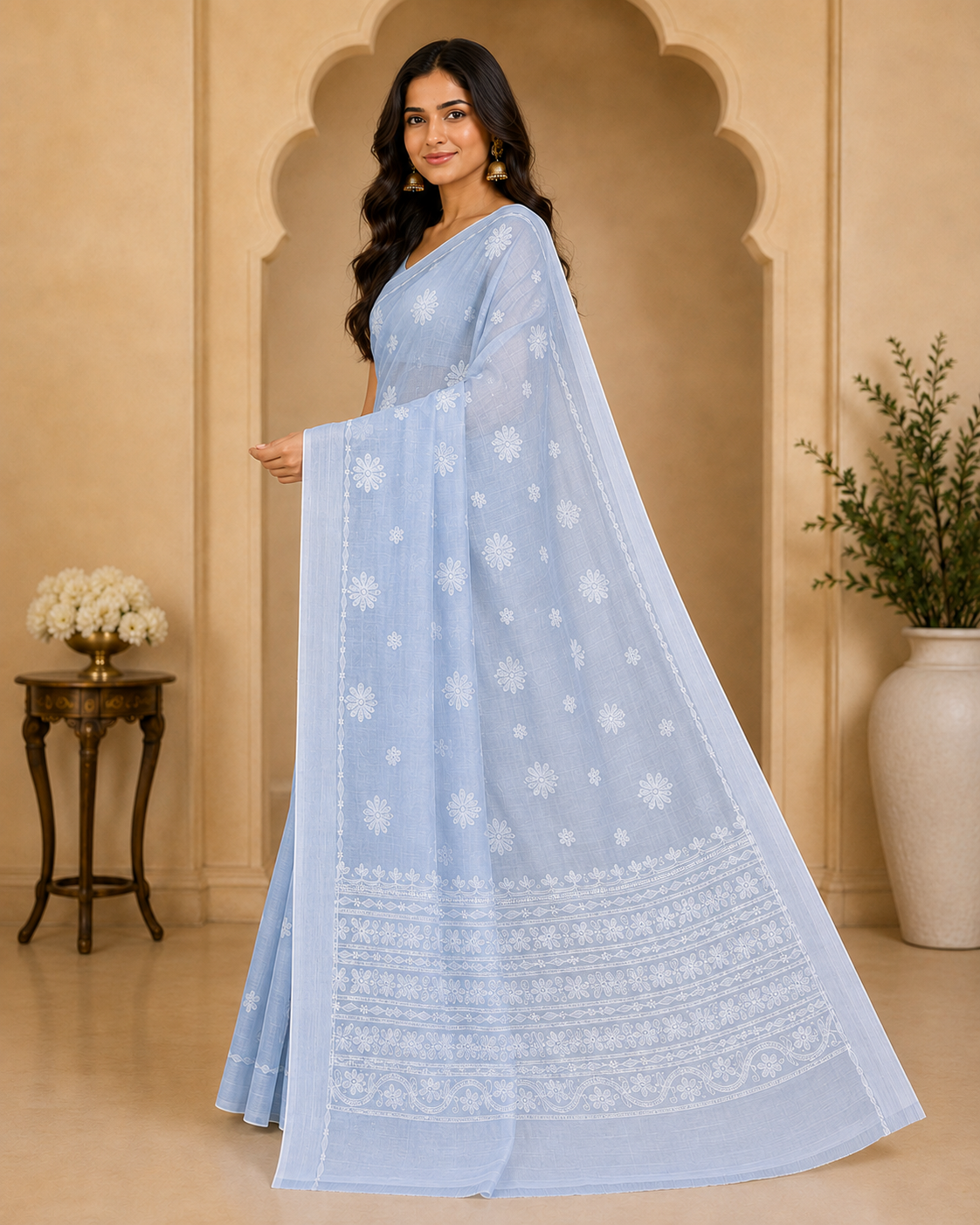 Powder Blue Chanderi Chikankari Saree – Hand Embroidered