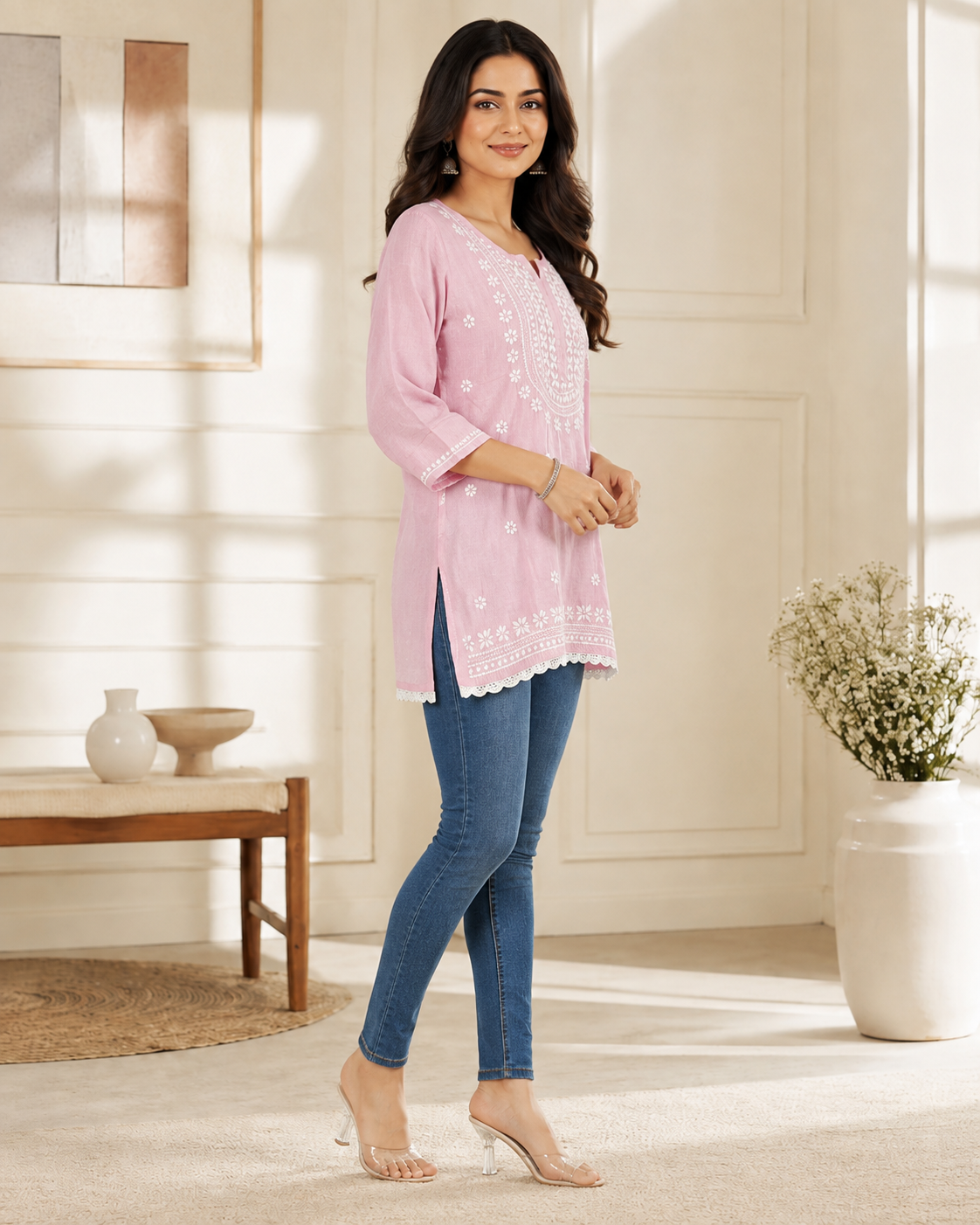 Premium Baby Pink Rayon Chikankari Short Kurti for Women