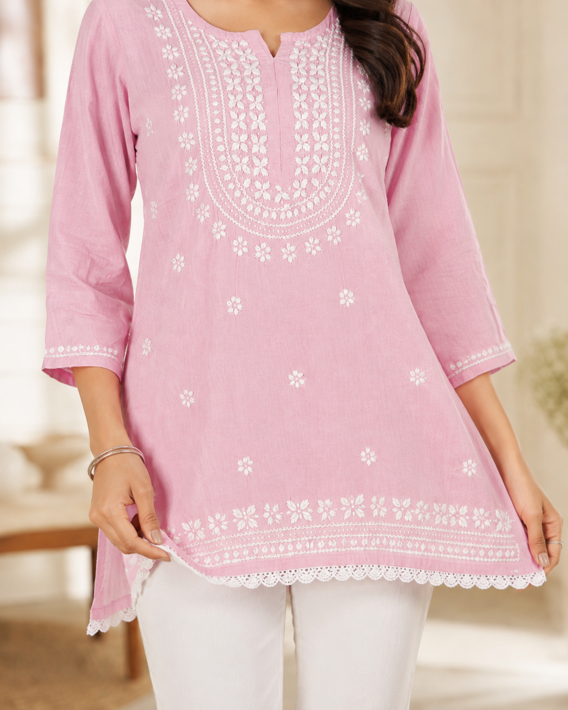 Premium Baby Pink Rayon Chikankari Short Kurti for Women