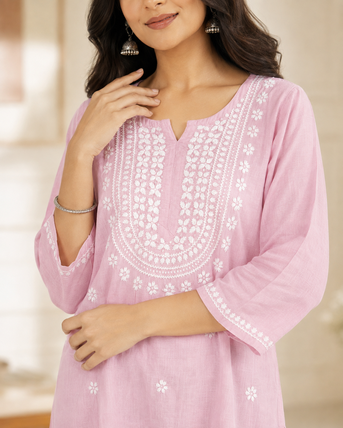Premium Baby Pink Rayon Chikankari Short Kurti for Women