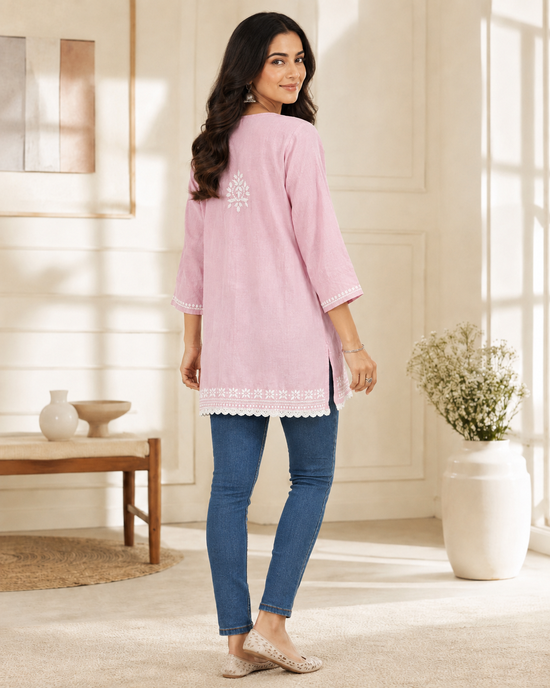 Premium Baby Pink Rayon Chikankari Short Kurti for Women