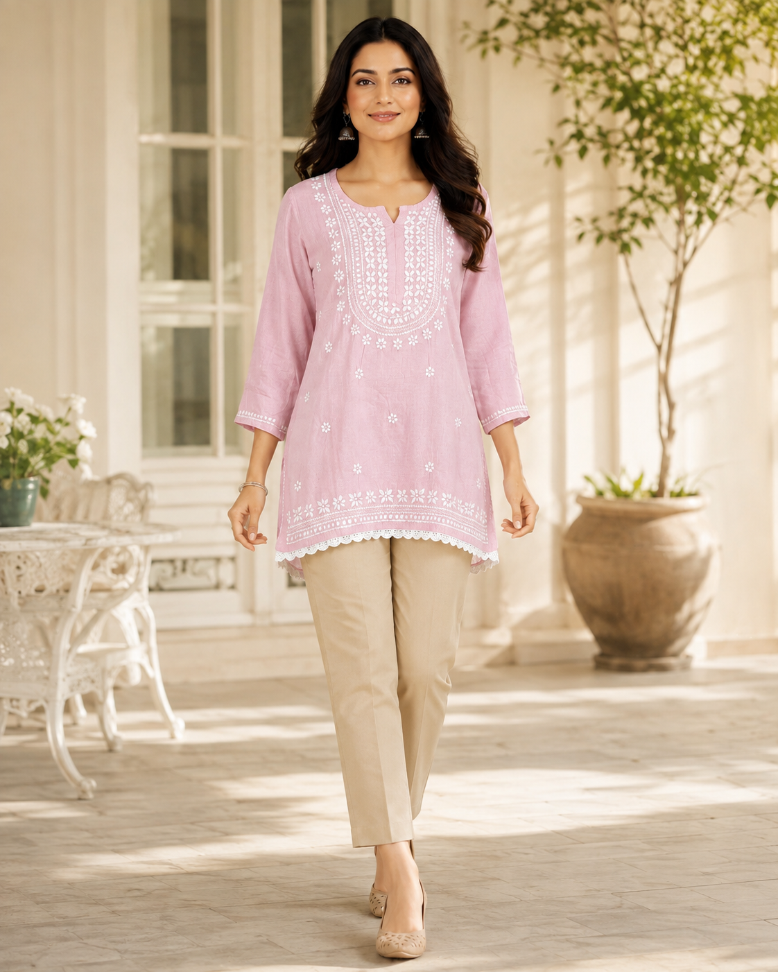 Premium Baby Pink Rayon Chikankari Short Kurti for Women