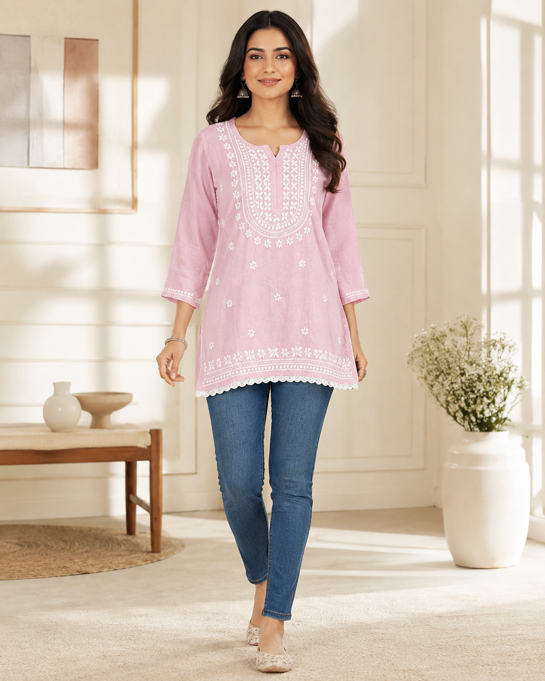 Premium Baby Pink Rayon Chikankari Short Kurti for Women