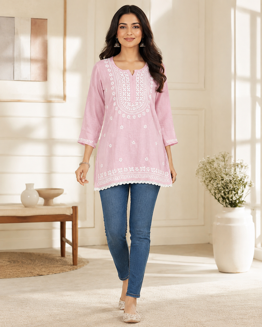 Premium Baby Pink Rayon Chikankari Short Kurti for Women