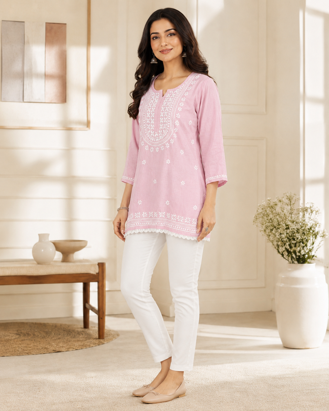 Premium Baby Pink Rayon Chikankari Short Kurti for Women