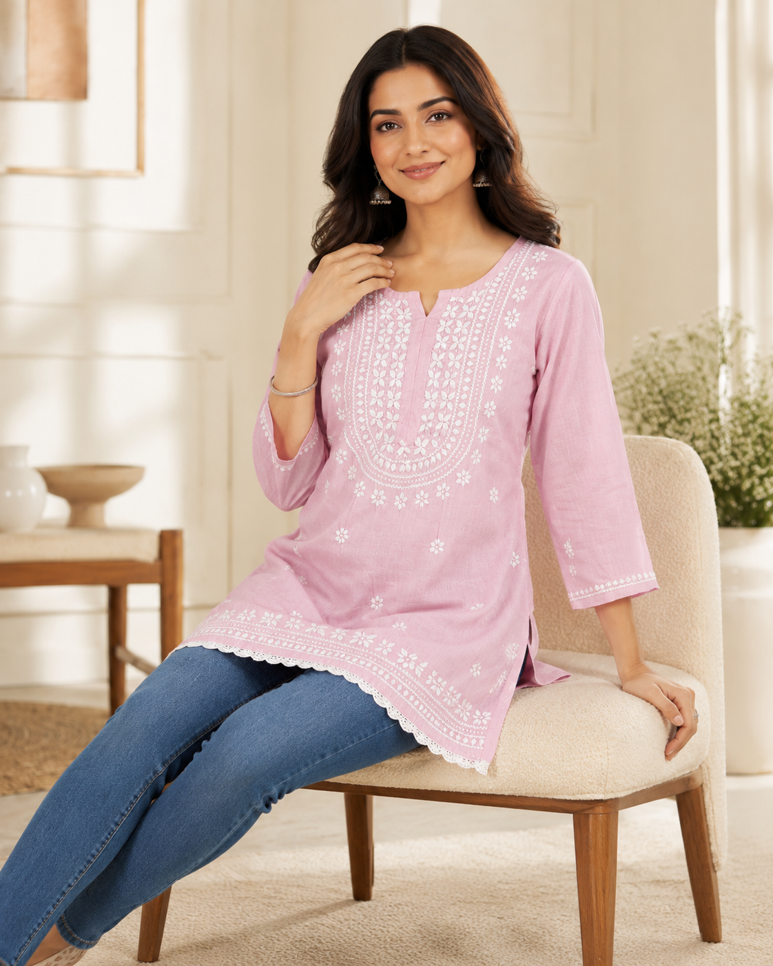 Premium Baby Pink Rayon Chikankari Short Kurti for Women