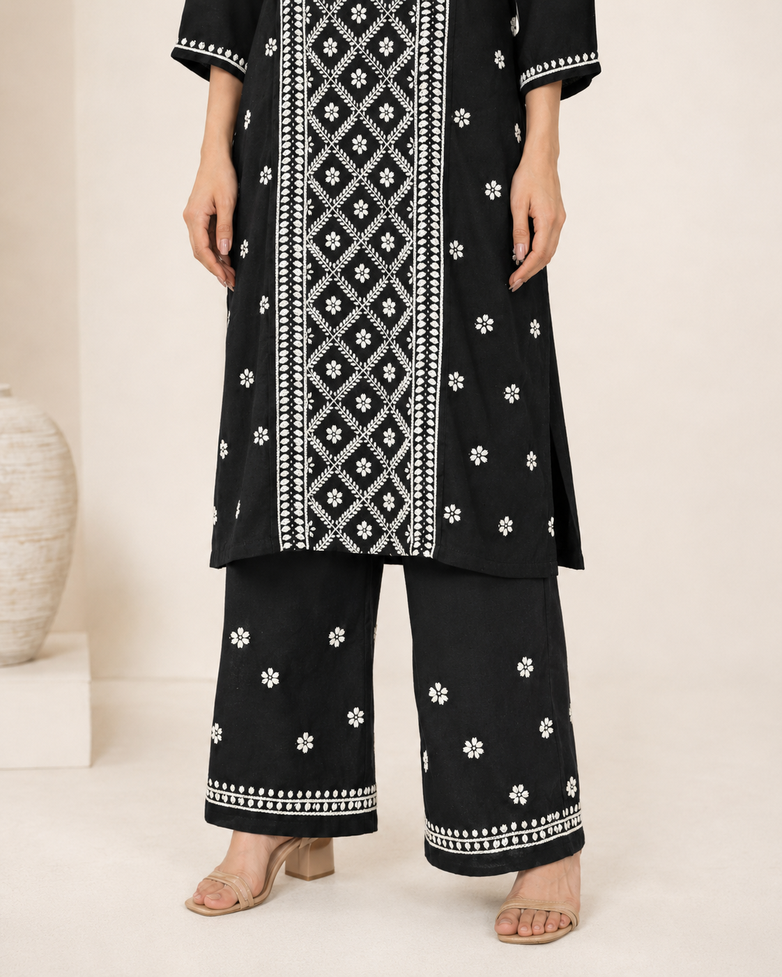 Premium Black Rayon 100% Hand Chikankari Kurta & Palazzo Suit Set