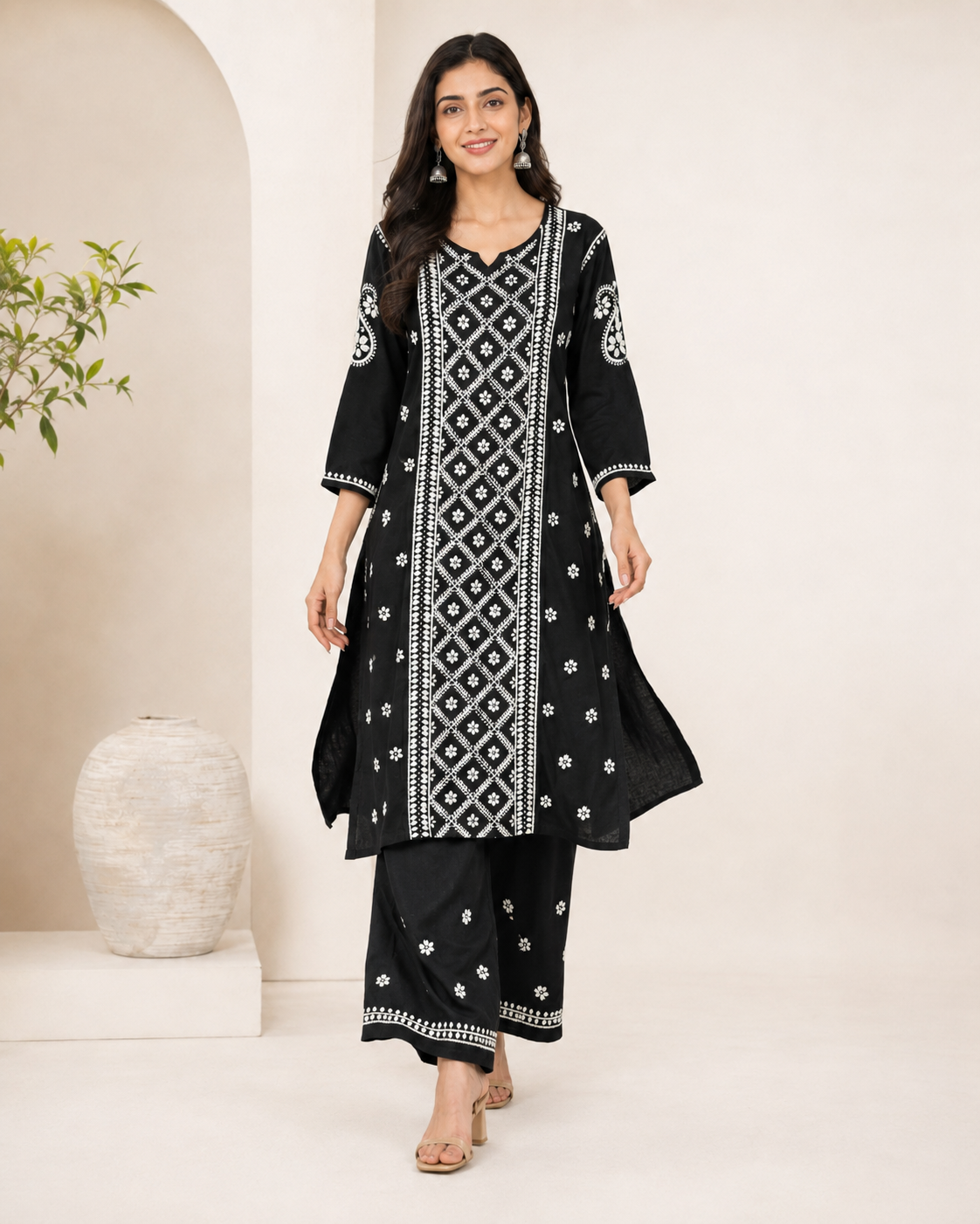 Premium Black Rayon 100% Hand Chikankari Kurta & Palazzo Suit Set
