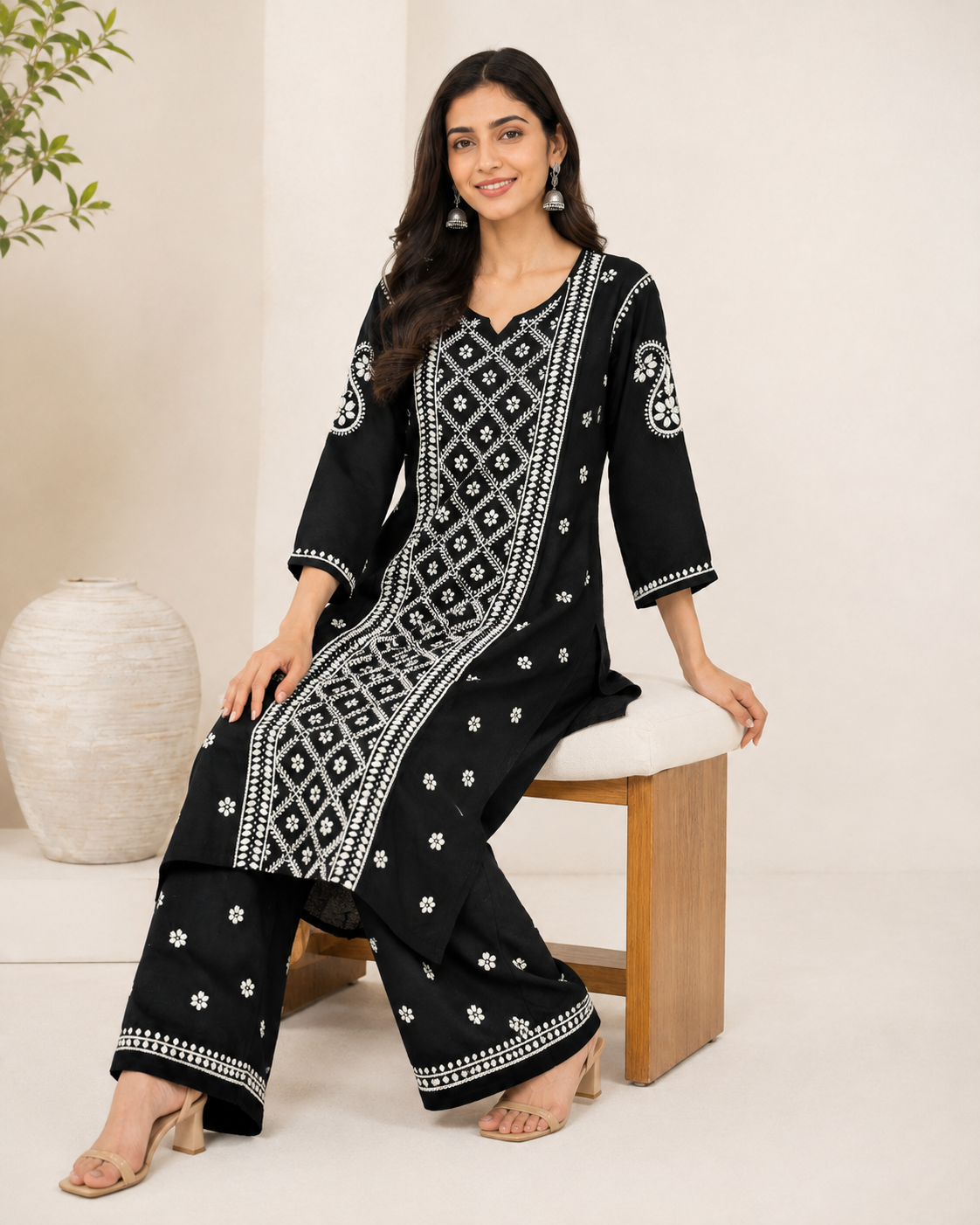 Premium Black Rayon 100% Hand Chikankari Kurta & Palazzo Suit Set