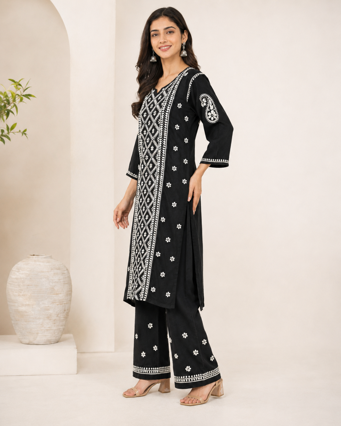 Premium Black Rayon 100% Hand Chikankari Kurta & Palazzo Suit Set