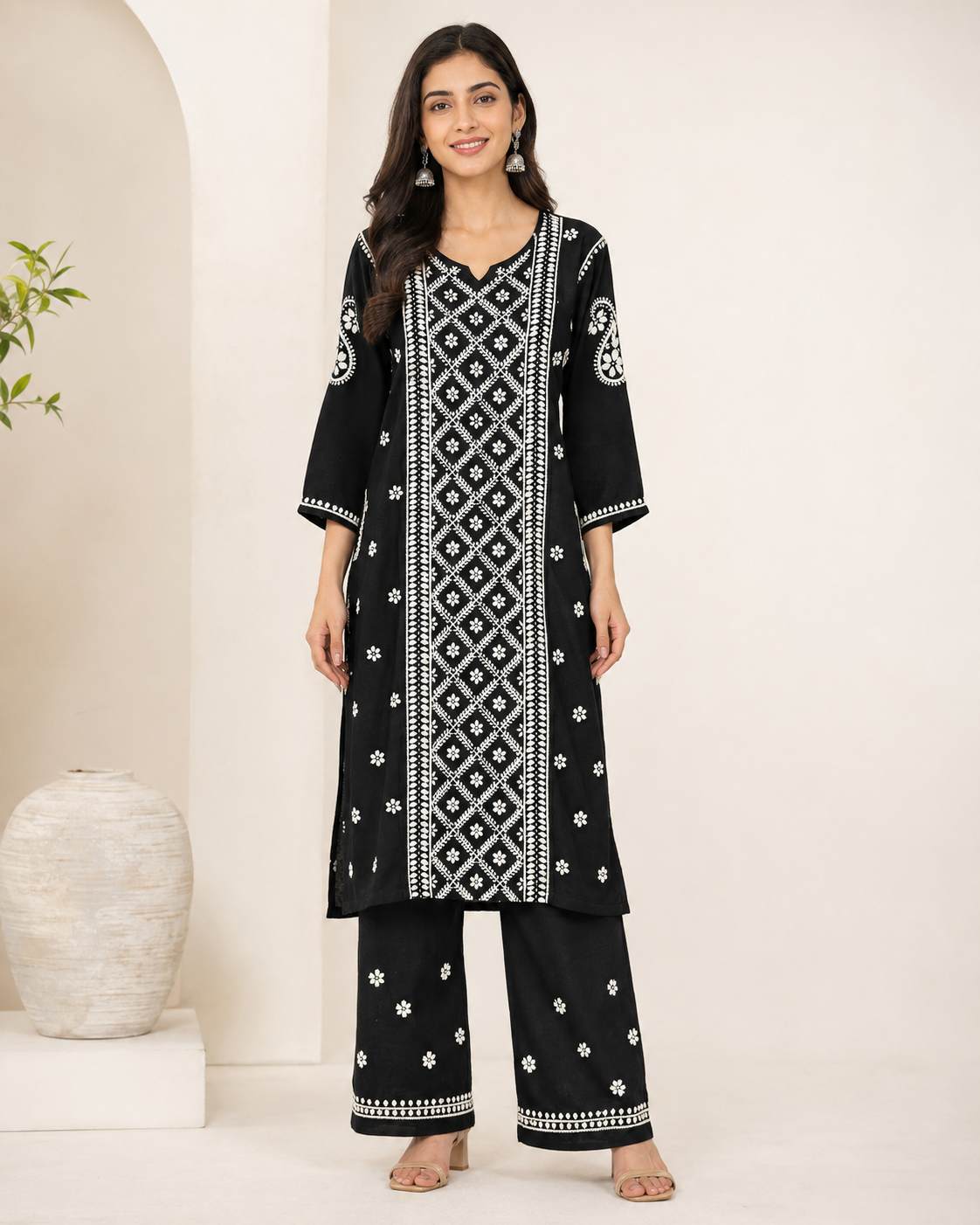 Premium Black Rayon 100% Hand Chikankari Kurta & Palazzo Suit Set