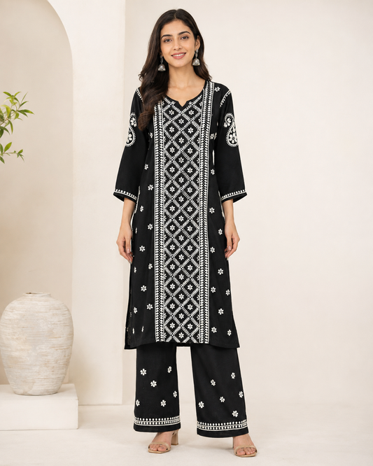 Premium Black Rayon 100% Hand Chikankari Kurta & Palazzo Suit Set
