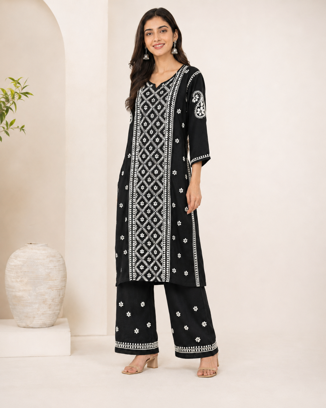 Premium Black Rayon 100% Hand Chikankari Kurta & Palazzo Suit Set