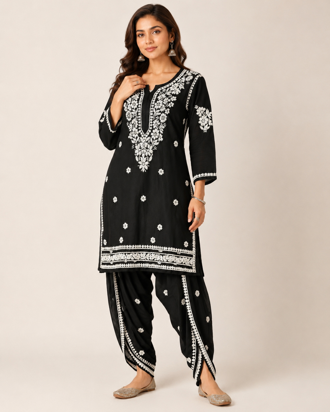 Premium Black Rayon Chikankari Kurta & Dhoti Salwar Co-ord Set