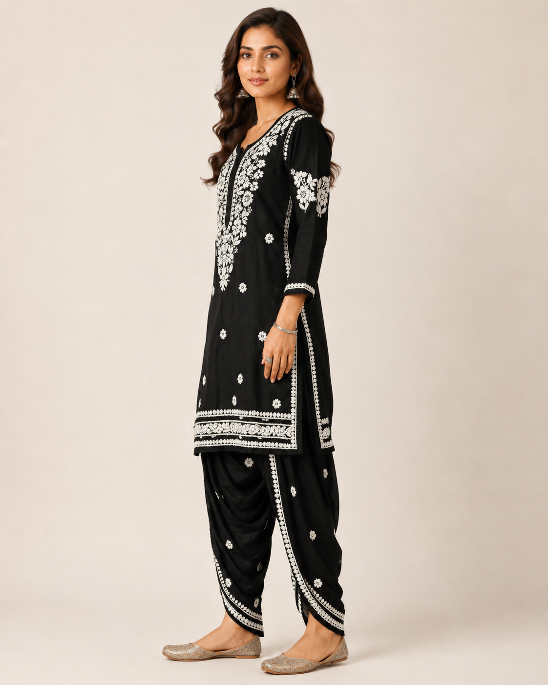 Premium Black Rayon Chikankari Kurta & Dhoti Salwar Co-ord Set