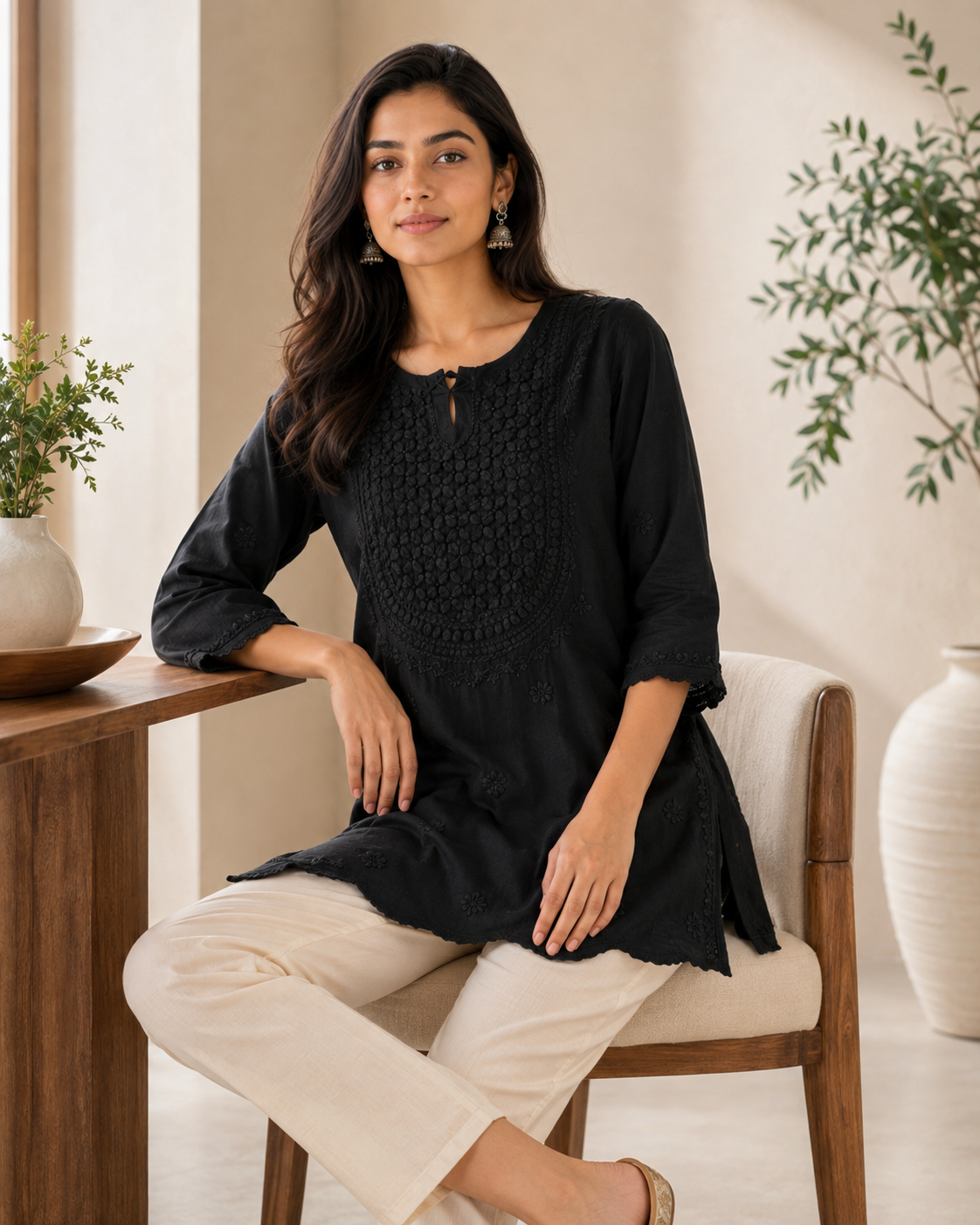 Premium Black Rayon Chikankari Short Kurti | 100% Handcrafted