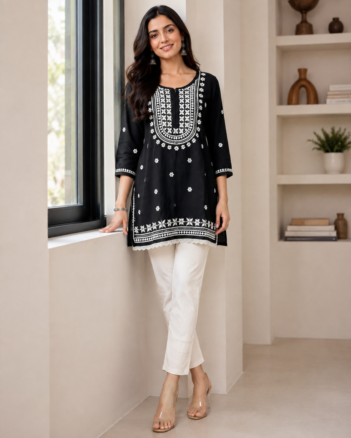 Premium Black Rayon Chikankari Short Kurti for Women