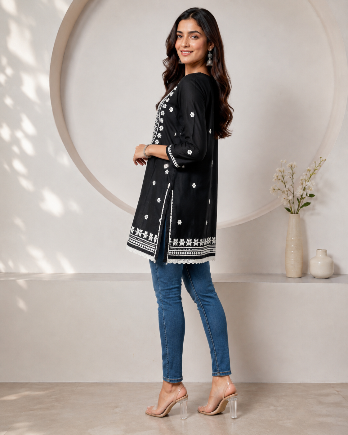 Premium Black Rayon Chikankari Short Kurti for Women