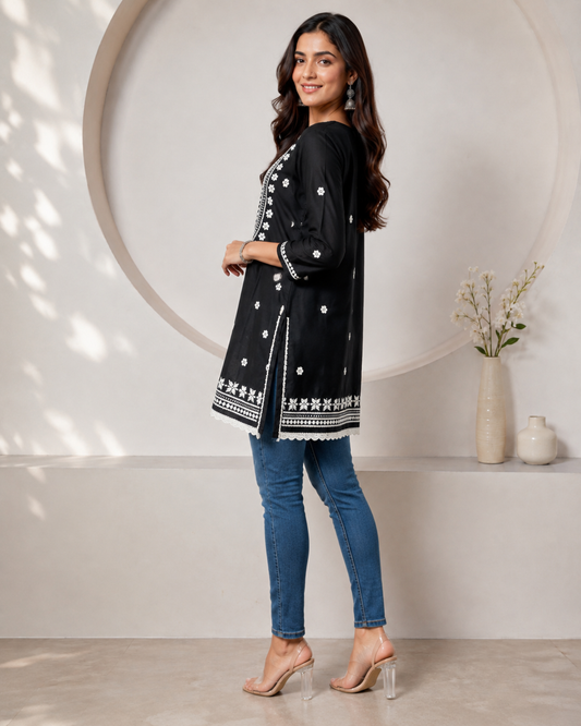 Premium Black Rayon Chikankari Short Kurti for Women