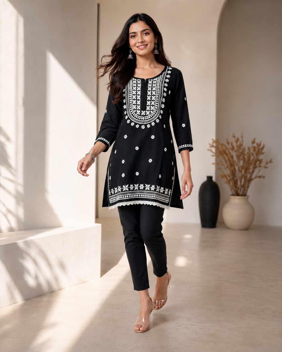 Premium Black Rayon Chikankari Short Kurti for Women