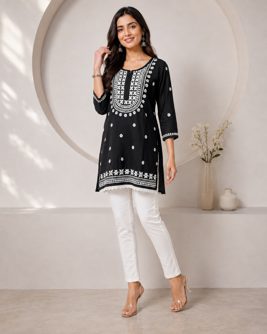 Premium Black Rayon Chikankari Short Kurti for Women
